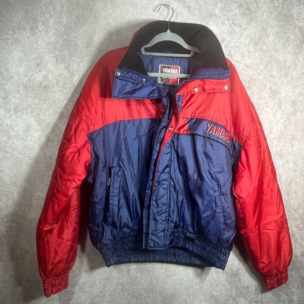 Vintage Yamaha‎ Sportswear Puffer Jacket Large Blue Red Colorblock Quilted